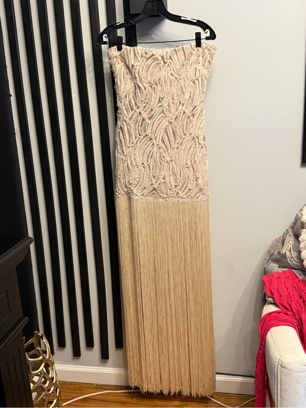 Michael Costello Beige Fringe Maxi Dress